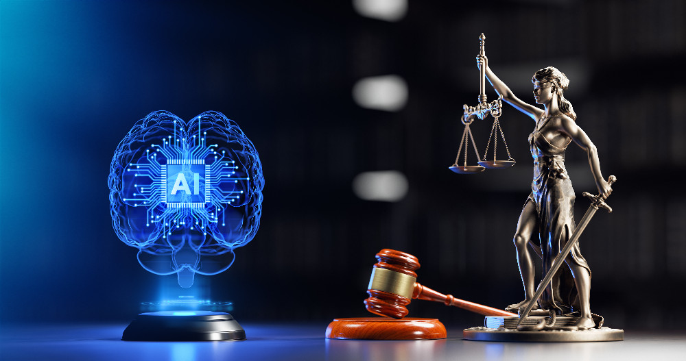 A glowing blue digital AI brain hologram next to a bronze statue of Lady Justice and a judge's gavel.